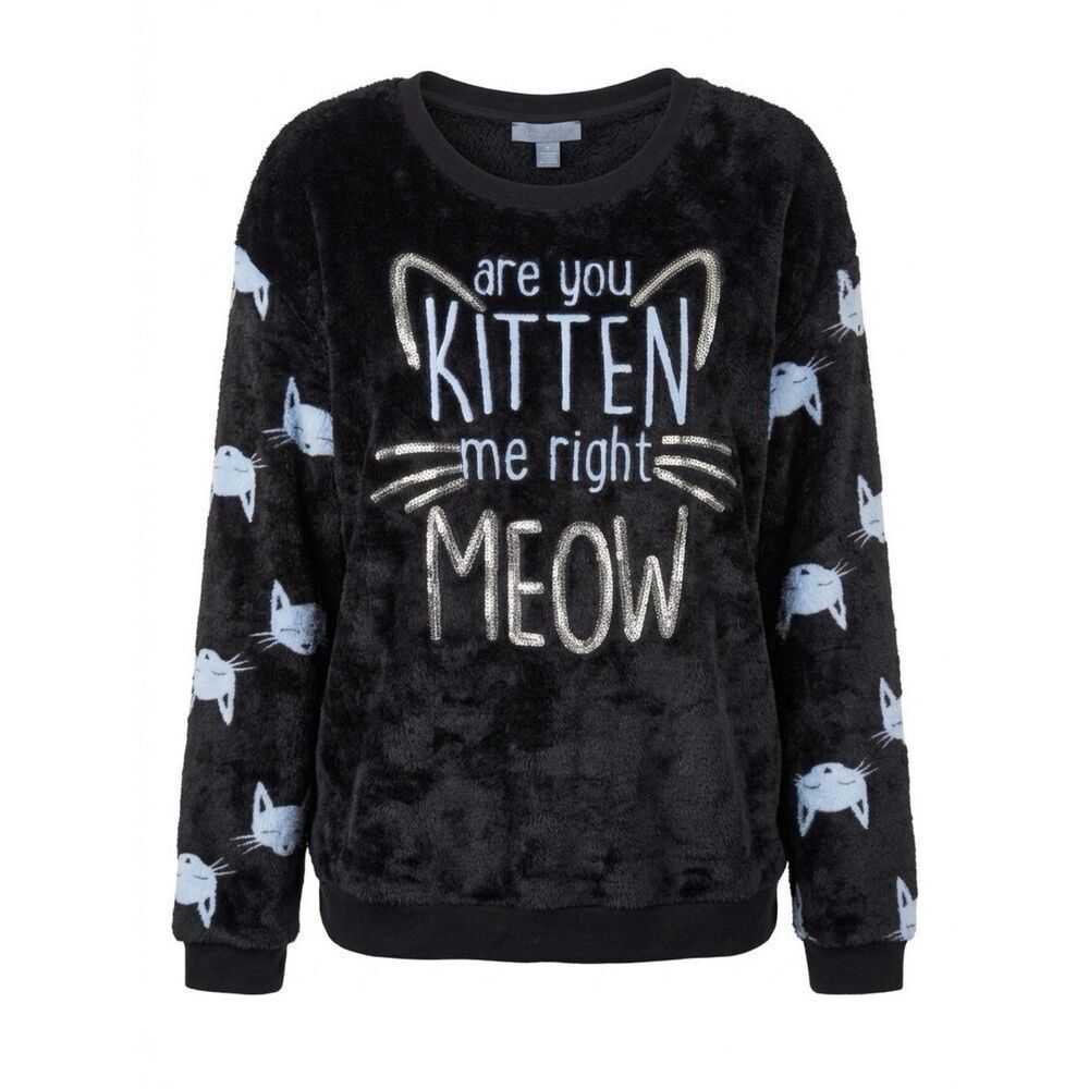 BLACK WASHABLE VELVET & SEQUIN SWEATER with BLUE KITTIES EUC SIZE XXL